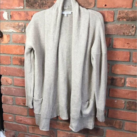 Judith & Charles Cashmere Open Chucky Cardigan Sweater Jacket Pockets Wool Tan M - Picture 2 of 10